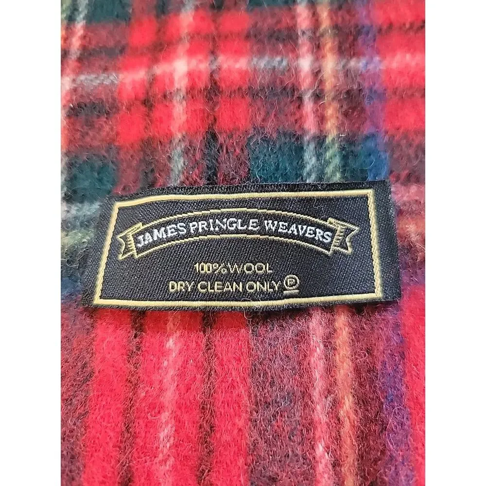 Vintage James Pringle Weavers 100% Wool Red Plaid Scarf 65x12 One Size